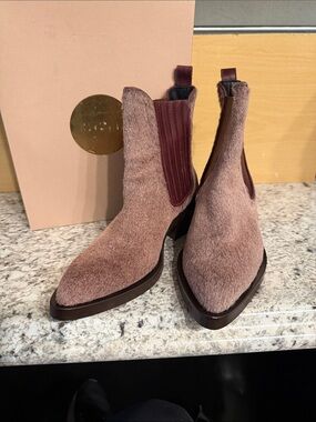 New with tags in box. Ras marron pony hair ankle bootie